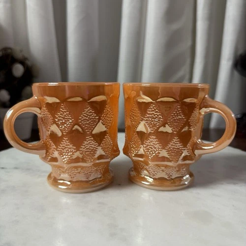 2 Pc. Fire King Peach Luster Mugs Anchor Hocking Iridescent Mid Century