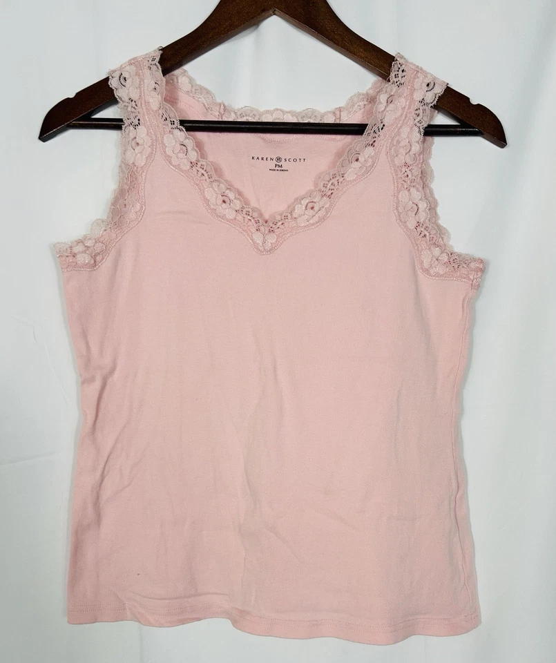 Camiseta sin mangas Karen Scott con ribete de encaje cami talla PM elástica romántica preppy delicada Y2K Foto 2 de 4