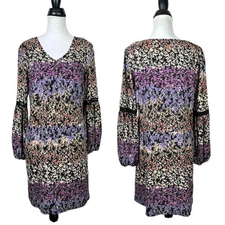 MSK M Black & Purple Micro Floral Print Long Sleeve V-neck Mini Shift Dress