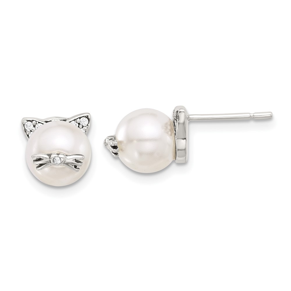 Sterling Silver Cat Stud Earrings with Pearl and Cubic Zirconia Accents