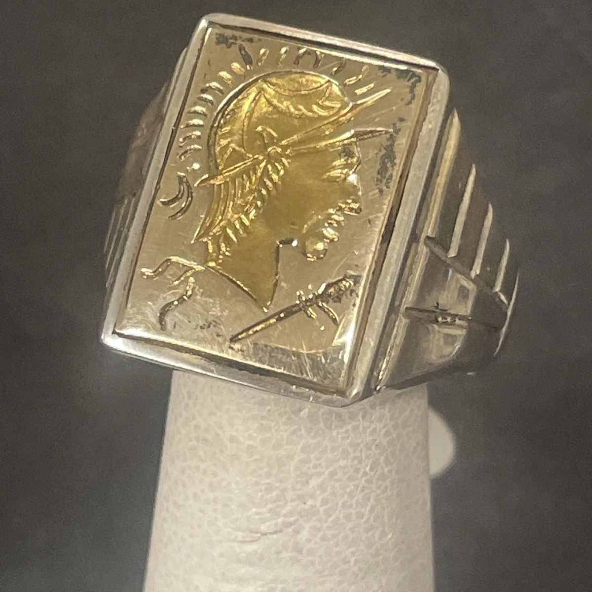 Vtg. Sterling Silver & 10k Gold Men`s Intaglio Trojan Warrior 