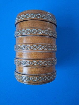 Vtg YUGOSLAVIAN Hand Carved Wood Ethnic FOLK ART Cylindrical Tea Box Spice Box