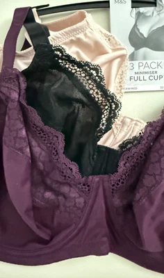MARKS & SPENCER BNWT M&S 3pk minimiser full cup bras - black/pink/purple 38H 40C 42C 42H 44G