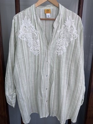 Ruby Rd Size 3X Linen Blend Button Up Shirt Stripe Crochet Resort Office Travel