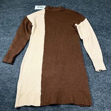 Absolutely Famous Sweater Dress Women Medium Brown Beige Colorblock Mock Neck