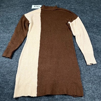 Absolutely Famous Sweater Dress Women Medium Brown Beige Colorblock Mock Neck