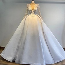 V-Neck A-Line Wedding Dress Shiny Beading Pearl Lace Full Sleeves Bride Gowns