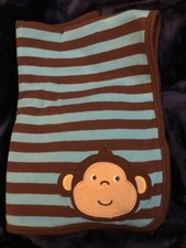 Carter's Monkey Baby Blanket Lovey Teal Brown Stripe Cotton Knit Security