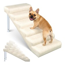 H ZT Adjustable Pet Stairs for Beds Sofas 3 to 6 Steps Linen Faux Leather Steps