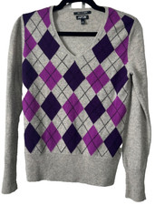Apt 9 Argyle V-Neck 100 Cashmere Sweater Size M Purple Grey Academia Soft D50