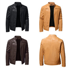 New Men's Stand Collar Faux Leather Fleece Jacket Winter Pu Motorcycle Coat Warm