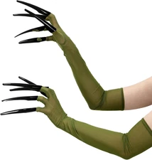 Witch Gloves Green Long with Claws, Scary Vampire Gloves with Nails, Witch Finge