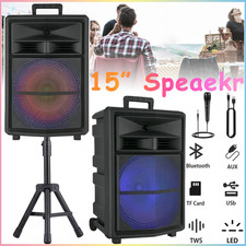15" 10000W Bluetooth Party Speaker with Heavy Bass LED Lights Wireless Mic Stand