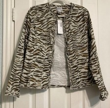 Chico's Playful Paw Zebra Print Ruffle Open Jacket Size 1 8/10 NWT