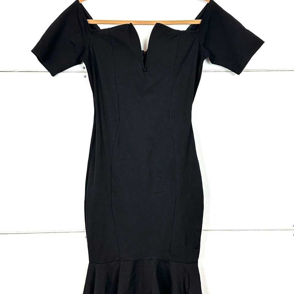 CAMEO Vestido Sirena Negro Talla L Elastizado Jersey Corsé Fuera del Hombro Alto Bajo Foto 2 de 4