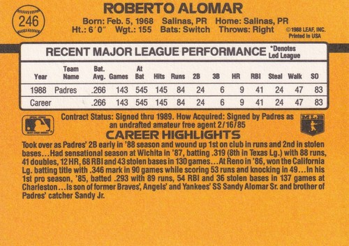 1989 Donruss #246 - Roberto Alomar - San Diego Padres - Picture 2 of 2