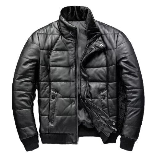 Schwarze Herren Lederjacke echtes weiches Lammleder Slim Fit Bikerjacke - Bild 1 von 7