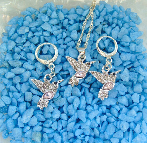 925 Silber Schmuck Set Kolibri Rosa  Kette Anhänger Creolen Weihnachtsgeschenk - Bild 3 von 10
