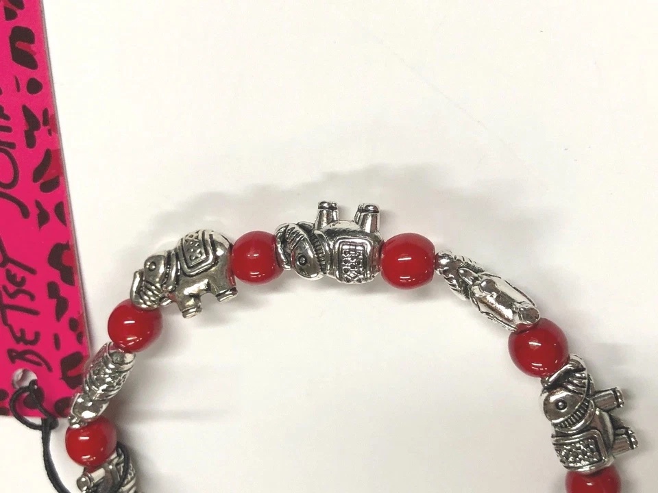 Nova pulseira de contas Betsey Johnson prata elefante vermelho elástica caixa de presente bolsa LK - Imagem 3 de 4
