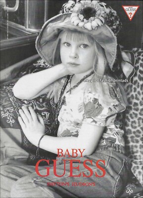 vintage BABY GUESS 1-Page PRINT AD Holiday 1993 cute little blonde girl in hat