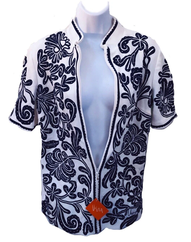 Vera Neumann 1970s Mod Polyester Sleeveless White + Blue Short sleeve Top sz 16 - Image 2 of 4