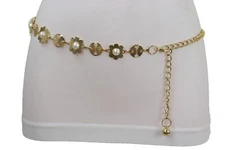 Women Gold Metal Chain Flower Charms Narrow Fashion Belt Adjustable Size S M L