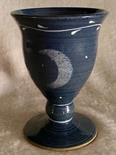 J. Kemper Art Pottery Goblet Chalice Blue with Crescent Moon Halloween