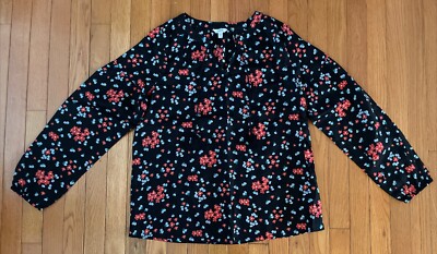 Sonoma Blouse Top Women's S V-Neck Tassel Black Floral Long Sleeve 100% Cotton