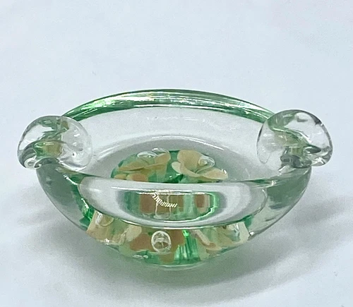 VTG Murano Italy Handblown Green & Clear Glass W/Flowers Ashtray Or Trinket Dish