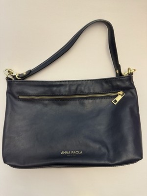 Anna Paola Navy Basket Weave Leather Shoulder Purse Handbag Made Italy