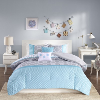 Clara -All Seasons Comforter Set -5 Piece - Blue - Geometric Pattern - Full/Q...