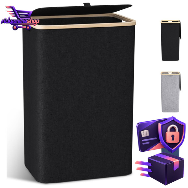 WäSchekorb 100L Mit Deckel Schwarz Bambusdeckel Herausnehmbarer WäSchesack-image
