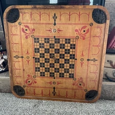 Antique Vintage Carrom Game Board Double Sided Wood W/ NET POCKETS