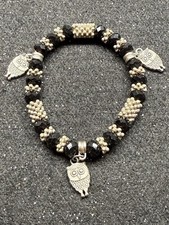 Beaded Owl Bracelet. Stretchy. Pewter Owls