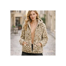 Leopard Print Jacket Womens Hooded Faux Fur Teddy Coat Soft Warm Winter Bomber