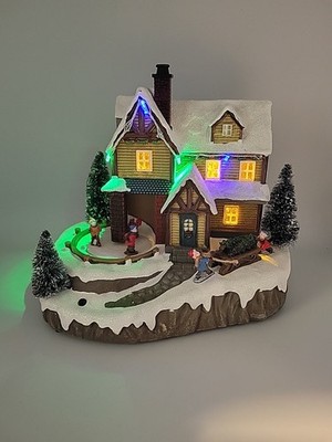 Christmas Village Lodge W/Ice Skaters Musical Animated Lighted Tested & Works