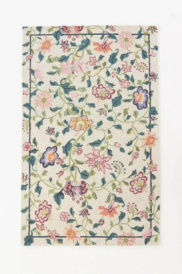 Multicolor Floral Ivory Hand-Tufted Area Rug 100% Wool Soft Carpet Living Room