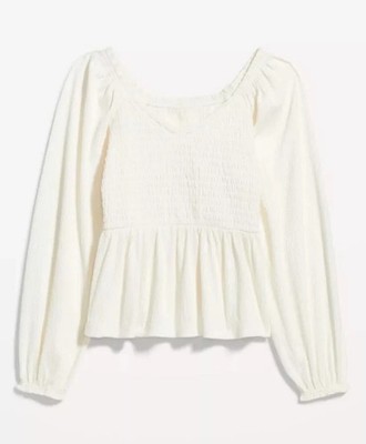 Old Navy 2X Long Sleeve Smocked Peplum Top SEA SALT Ivory Prairie Cottagecore