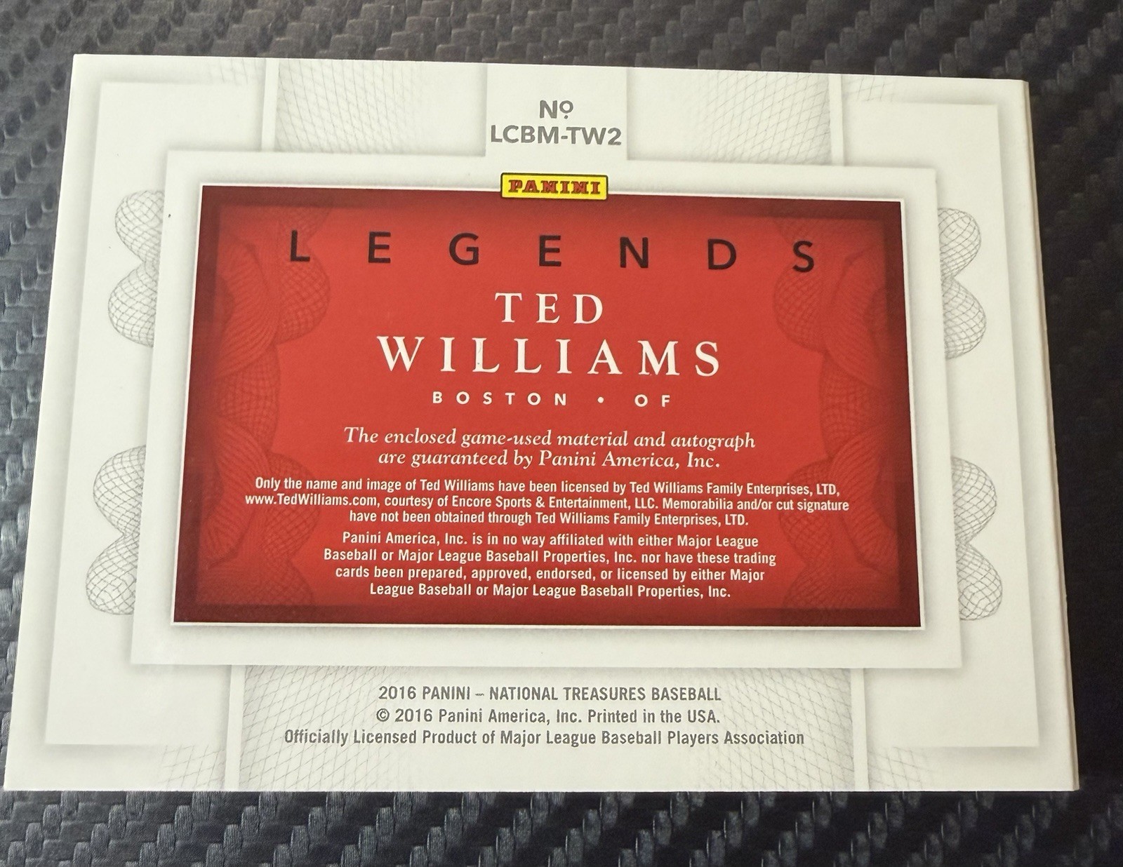 2016 National Treasures Booklet Ted Williams Cut Auto Jersey Patch Game Used /10 view 3