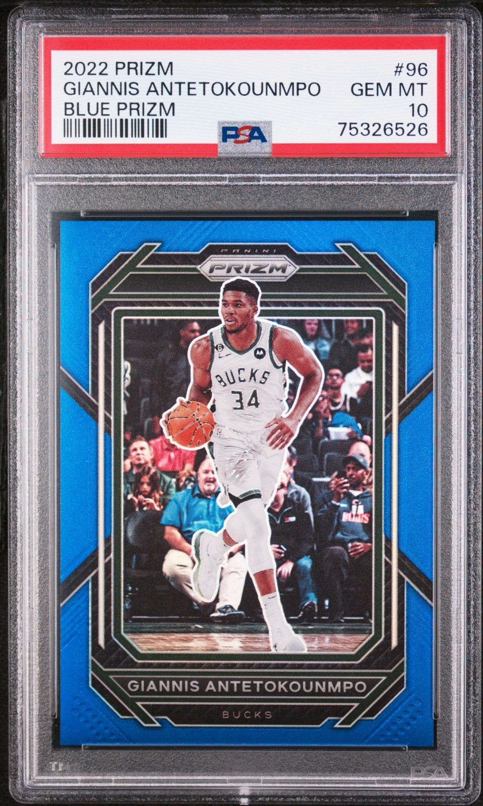 Giannis Antetokounmpo 2022 Prizm Blue 73/199 PSA 10 #96