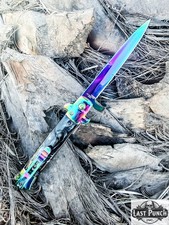 9" Stiletto Style Rainbow Blade Spring Assisted Folding Knife With Black Inlay 
