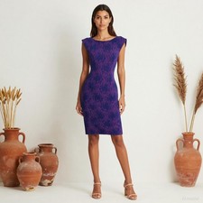 Evening Vintage Knee Length Dress Purple Blue Floral Lace French US 4