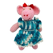 Vintage 11" Handmade Crocheted Pig in Dress Plush Stuffed Animal Googly Eyes