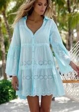 NWT Melissa Odabash Becky Dress Size S Sky Blue Cotton Eyelet Button Up Boho