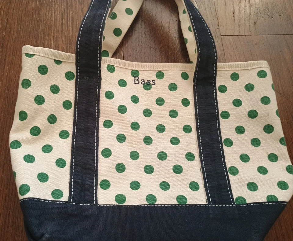 Bolsa tote vintage baixo resistente lona marfim com pontos verdes alças pretas parte inferior larga excelente estado usado - Imagem 3 de 4