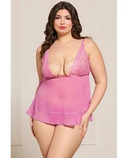 Seven ’til Midnight Queen Pink Lace and Mesh Babydoll w/Thong & Rhinestones
