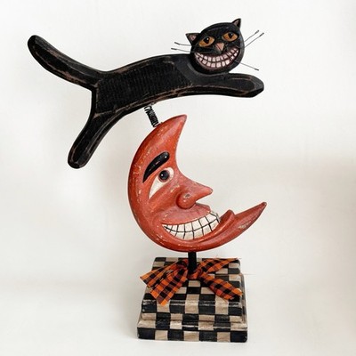 Primitive Style Folk Art VTG Halloween Black Cat Over Crescent Moon Smile Wood