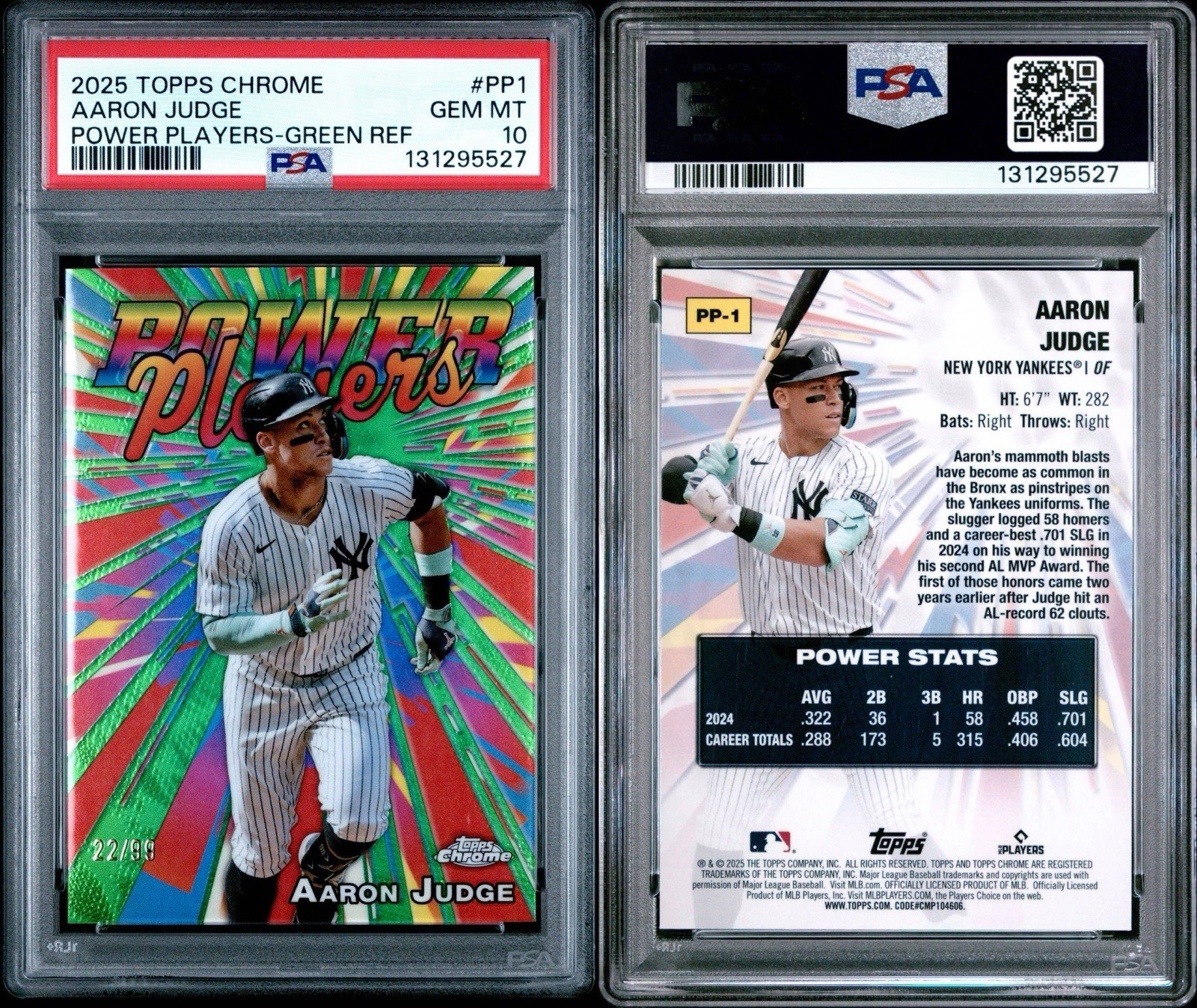 Topps 2025 Chrome Aaron Judge Yankees Power Players Green Refractor /99 PSA 10