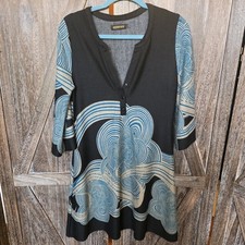 Reborn Dress Women's Size Large Black Gray Teal Boho Swirl 3/4 Sleeve V-Neck