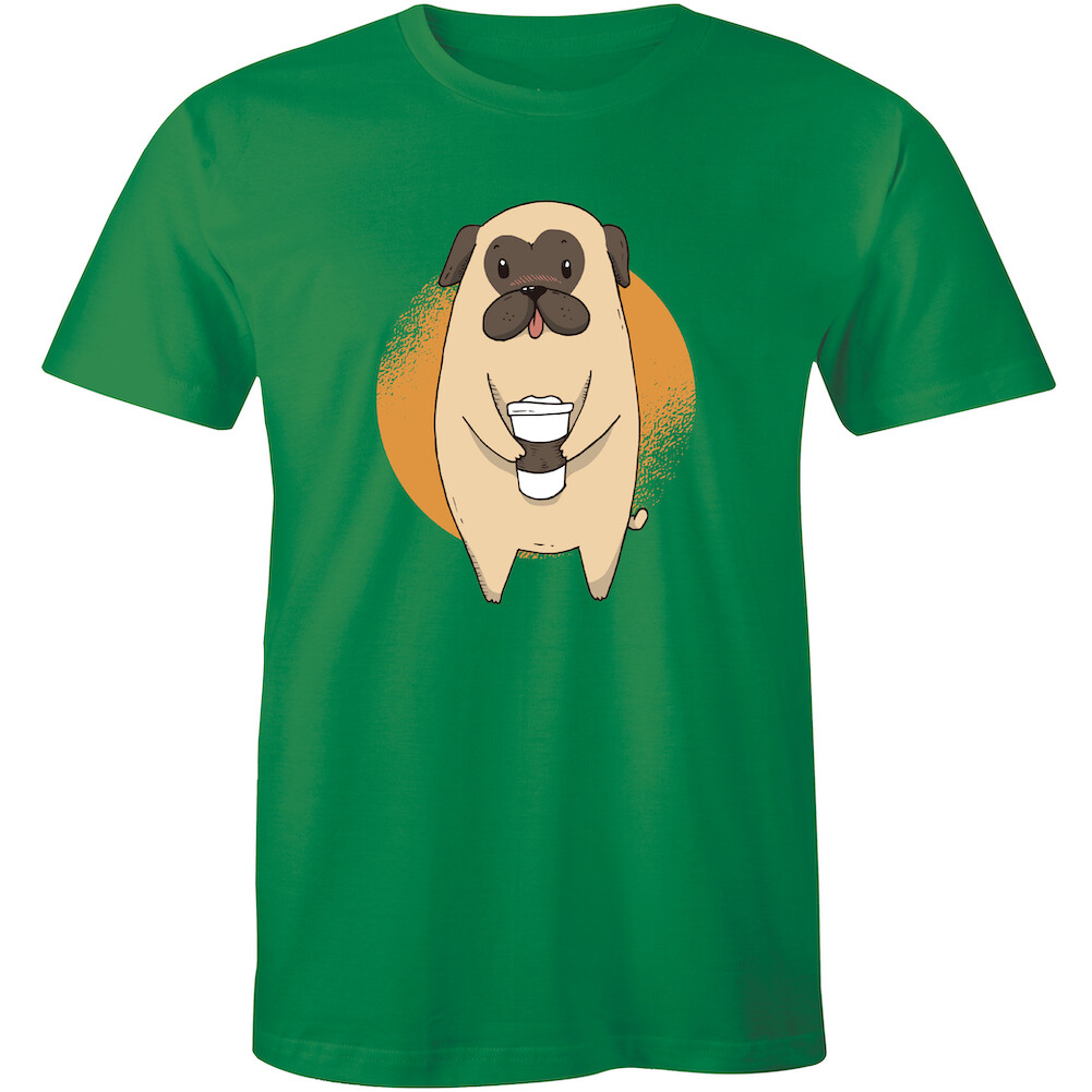 Funny Pug Dog Drinking Coffee Cool Crew Neck Men's T-shirt Animal